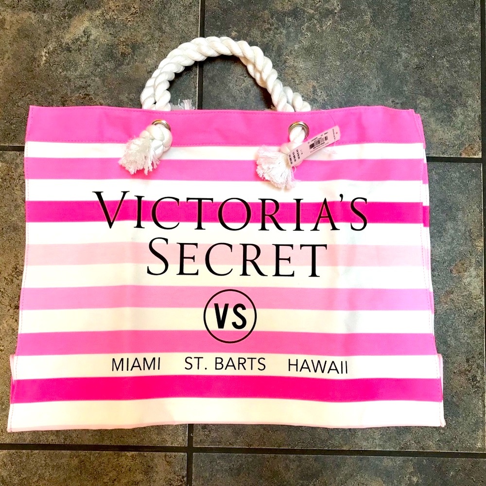 ✨NEW Classic Victoria’s Secret  Pink Striped Canvas Style Tote Rope Handles